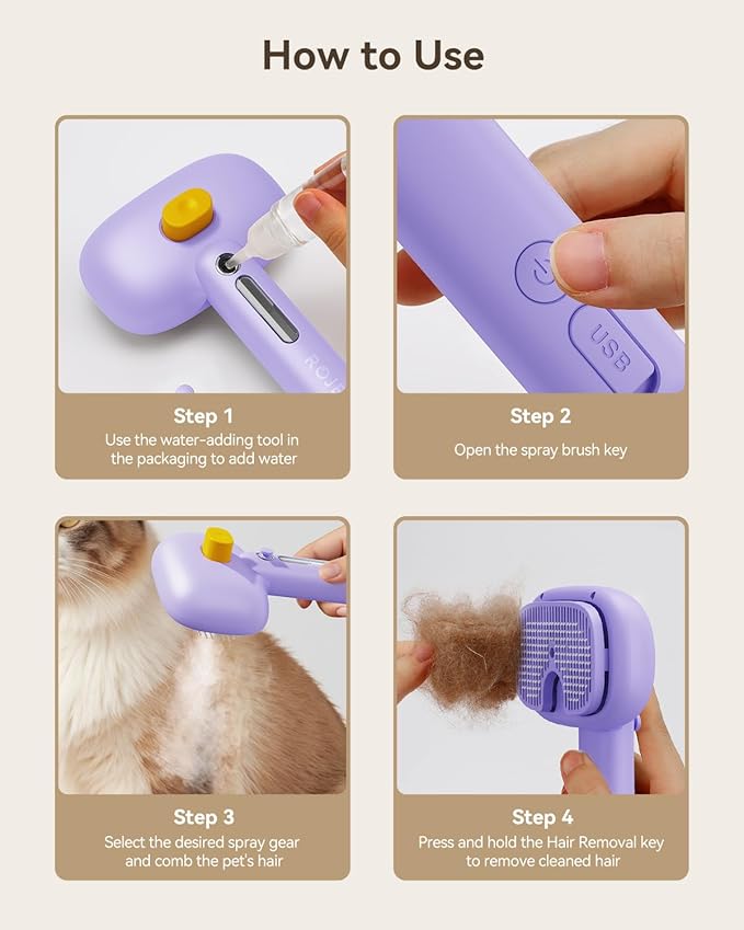 ROJECO 3-in-1 Pet Steam Brush for Cats&Dogs - Detangling Comb with Adjustable Mist, Handheld Deshedding Grooming Tool for Long/Short Hair, Massage Brush & Shedding Control Gift,Cordless,Purple