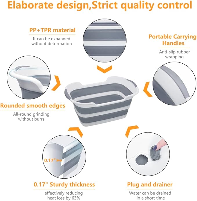 Collapsible Pet Bathtub, 7.1 Gal (27L) - Foldable Bathing Tub with Drain Plug for Dogs & Cats Under 30 lbs - Multi-Use as Laundry Basket, Storage Organizer, Camping Sink (Grey)