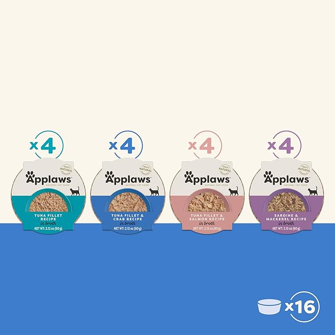 Applaws Natural Wet Cat Food, Limited Ingredient, Grain-Free, Protein with No Artificial Additives, Variety Fish Selection in Broth (16 x 2.12 oz Easy-Open Cups)
