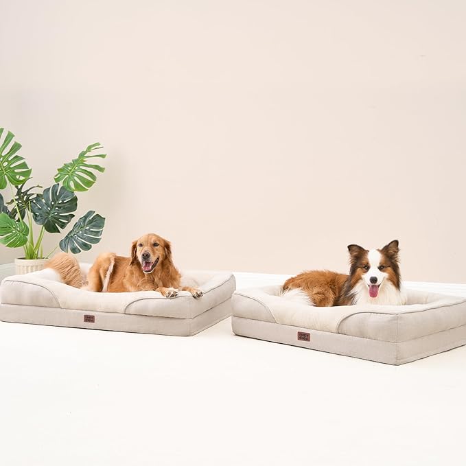 EHEYCIGA Memory Foam Dog Bed for Large Sized, Orthopedic Dog Sofa with Sides and Waterproof Liner, Washable Bolster Pet Couch with Removable Cover, 41x27x7.5 Inch, Beige