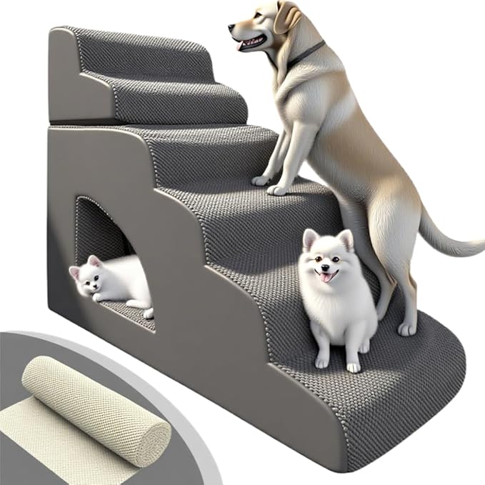 6 Step Pet Stairs Ramp for High Beds Sofas 18-36 Inch, Non-Slip Dog Stairs for Small Old Medium Large XL Dogs Cats, Sturdy 75 Pounds 33D Foam Balanced 6-Tier Ladder with Machine Washable Cover