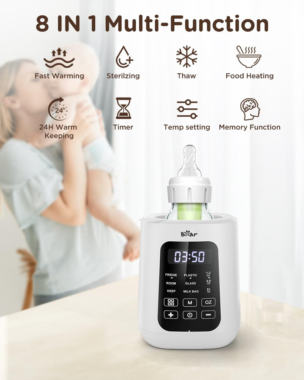 Bear Baby Bottle Warmer, Milk Warmer Breastmilk Bag Formula Fast Warming for New Born Baby Bottles, with Time Temp Control Automatic Shut Off at Home Use