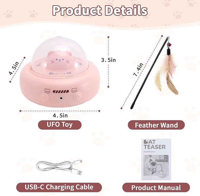 Automatic Cat Toys with Feathers, Interactive Cat Toy for Indoor Exercise, Rechargeable Teasing Toys for Indoor Cats, USB Powered, Smart Standby&Obstacle Avoidance(Pink)