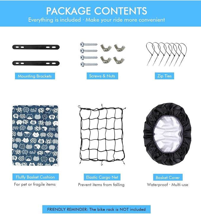 Rear Bike Basket, Tool-Free Install, Dog/Pet Carrier, Ebike Electric Bicycle Back Cargo Basket, Fits Most Rear Racks, with Waterproof Cover, Cargo Net