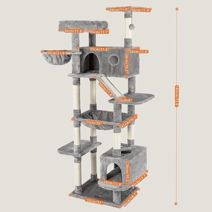73 inches Large Cat Tree for Indoor Cats, Tall Cat Tower with Sisal Scratching Posts and Pads, Padded Plush Perch, Cozy Basket, Plush Condo for Large Cats (Grey)