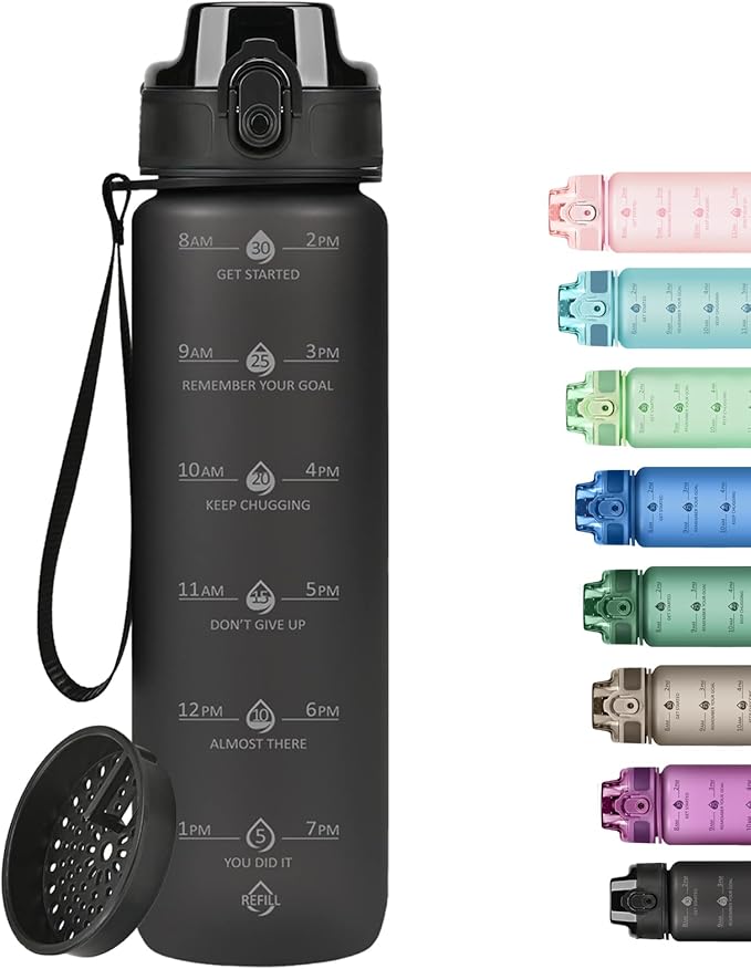 32oz Motivational Water Bottles with Time Marker & Fruit Strainer, Transparent Gradient Color Water Bottle with Times to Drink, Leakproof & BPA Free, Reusable Bottle with Strap (No Straw)