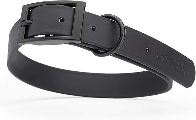 Dogline Biothane Waterproof Dog Collar Strong Coated Nylon Webbing with Black Hardware Odor- Proof for Easy Care Easy to Clean High Performance Fits Small Medium or Large Dogs, Black