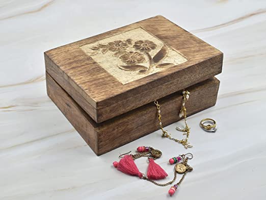 Hand Carved Wooden Decorative Box with Flower Carving | Jewelry & Keepsake Organizer | Gift for Women