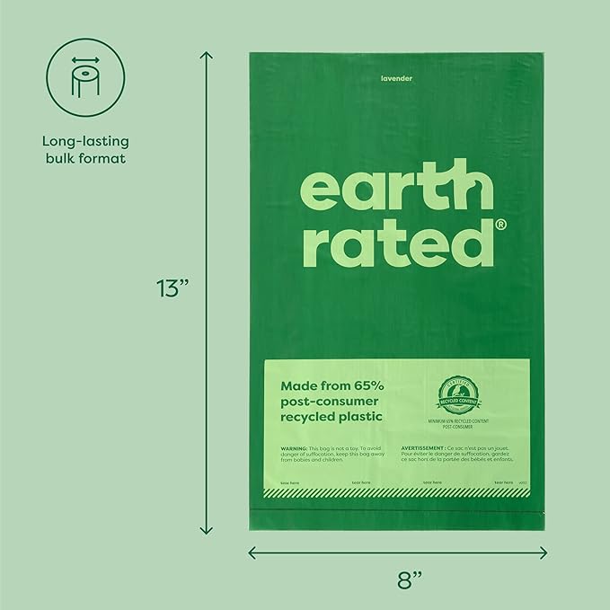 Earth Rated Dog Poop Bags, Thick Grab and Go Single Roll, Ideal for Backyard Pickups, Lavender Scented, 300 Count