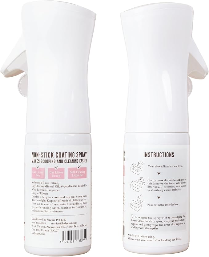 Lady N Non-Stick Spray for Cat Litter Box and Self-Cleaning Cat Litter Box, Alcohol-Free, Food Grade Mineral Oil, 6 fl oz