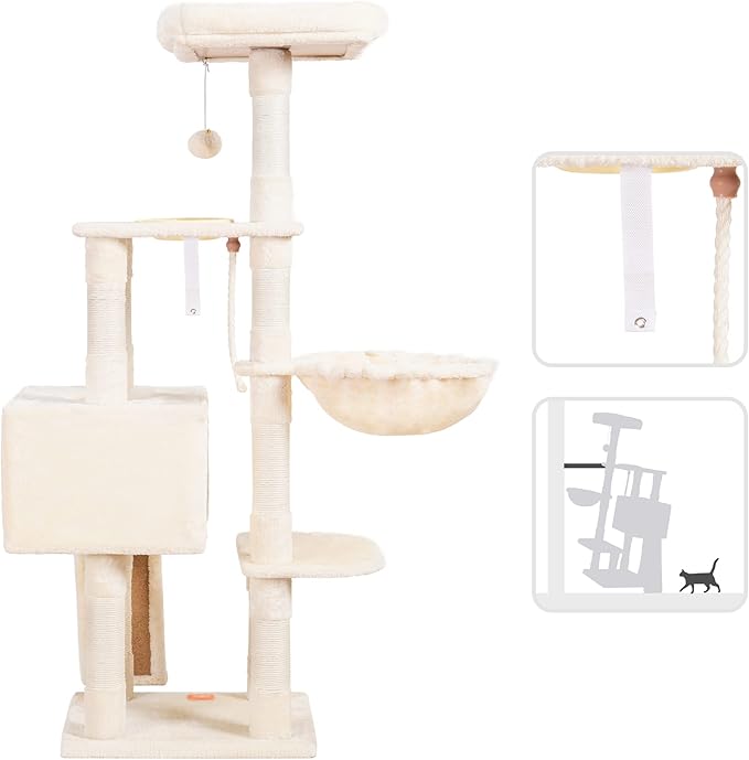 Heybly Cat Tree, Cat Tower for Indoor Cats with Scratching Board, Multi-Level Cat Furniture Condo with Feeding Bowl, Beige HCT010MM