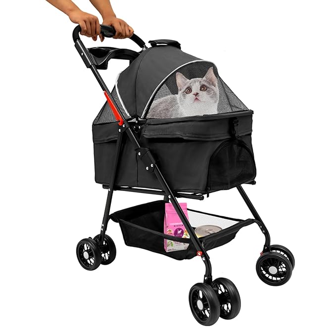 Pet Stroller, 4 Wheels Dog Cat Carrying Cart, Foldable Puppy Carrier with Storage Bag and Detachable Grid Structure for Small/Medium Dogs Cats Up to 44Lbs (Black)