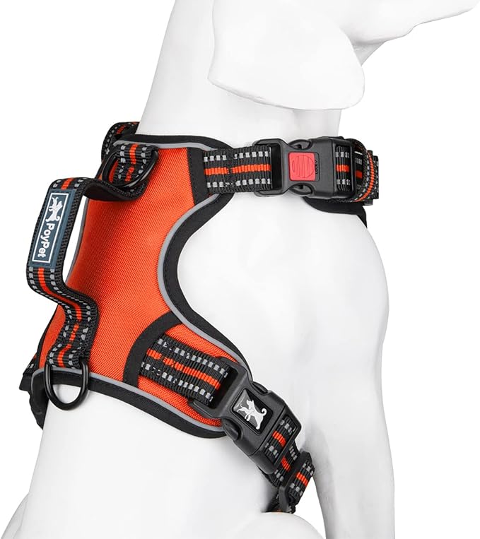 PoyPet No Pull Dog Harness, No Choke Front Clip Reflective Dog Vest with Soft Padded Vertical Handle, 3 Leash Attachments for Small Medium Large Dogs (Orange,XL)