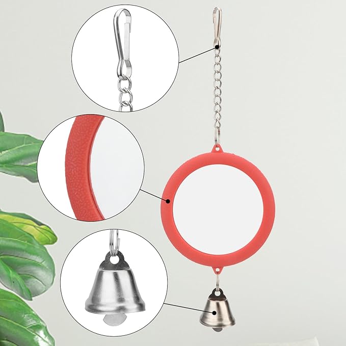 Hypeety Pet Bird Mirror with Bell Interactive Parrot Toy Bird Cage Mirror for Cockatiel Parakeets Canaries Budgie (RED)
