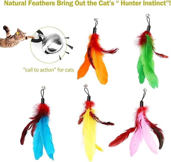 11PCS Cat Feather Toys Refills, 10PCS Feathers and 1PC String, Interactive Cat Wand Toy Replacement for Bored Indoor Adult Cats & Kittens