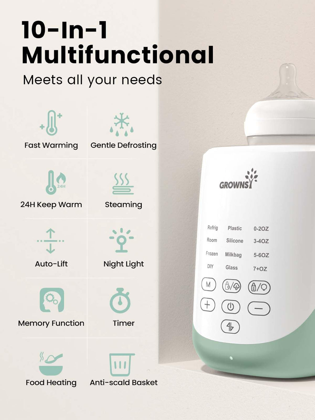 Grownsy Nutri Bottle Warmer with Innovative Auto-Lift Feature, Retain Fullest Nutrients Compact Baby Bottle Warmer, Fast & Even Heat, Always Right Temperature, Night Light for Nighttime Breastfeeding