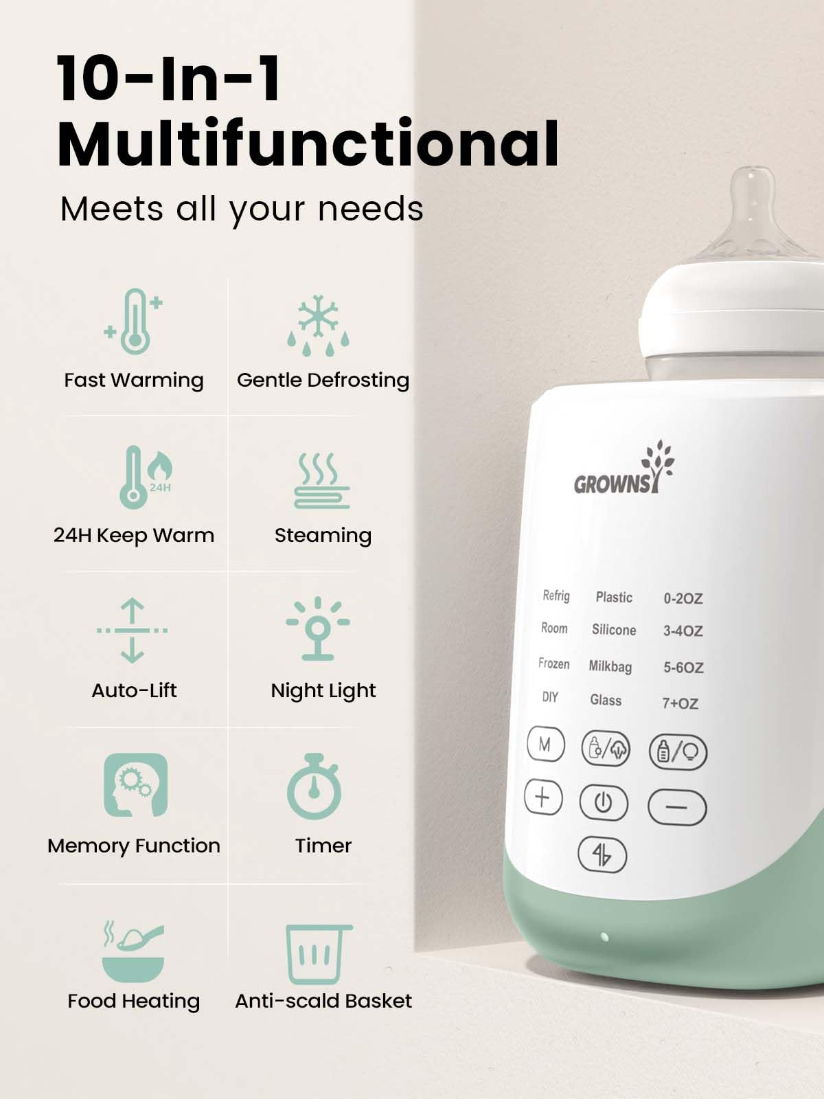 Grownsy Nutri Bottle Warmer with Innovative Auto-Lift Feature, Retain Fullest Nutrients Compact Baby Bottle Warmer, Fast & Even Heat, Always Right Temperature, Night Light for Nighttime Breastfeeding