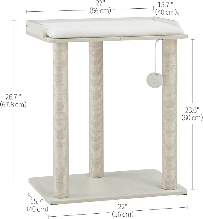 FourFurPets 26.7in Large Cat Tree Tower Condo, Cat Scratch Posts for Indoor Cats, Big Plate, Three 23.6in Full Sisal Scratching Posts, White