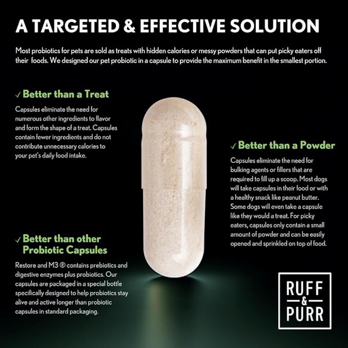 Ruff & Purr Probiotics for Dogs – 3-in-1 Probiotics, Prebiotics and Digestive Enzymes for Gut Health, Immune Support, Healthy Skin and Coat – Clinically Studied DE111 & PreforPro