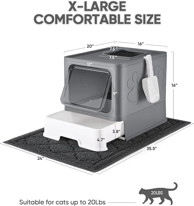 Cat Litter Box with X-Large Litter Mat and Scoop, Large Foldable Litter Box with Lid, Enclosed Kitty Box,Front Top Entry Exit, Odor Control Easy to Clean (Upgrade Dark Grey)