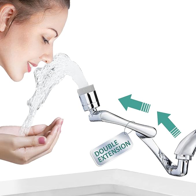 CECEFIN 1080°Rotating Faucet Extender Double Extension - Swivel Long Arm Robotic Faucet Aerator for Bathroom Kitchen Sink, Universal Spout Spray Attachment 2-Mode Outlet Face/Hair/Toddlers Hands Wash