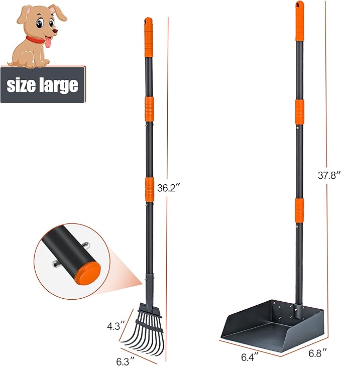 Niubya Pooper Scooper for Dogs, Metal Poop Scooper Tray and Rake Set with Adjustable Long Handle, Dog Pooper Scooper for Pet Waste Removal