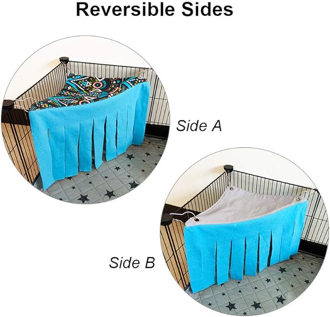 RIOUSSI Guinea Pig Hideout Hideaway Corner Fleece Toys Cage Accessories with Reversible Sides, Geo/Gray+Blue, 2 Pack