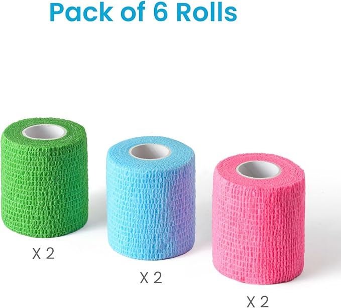 WePet Pet Wrap, Self-Adhesive, Only Sticks to Itself, Non-Woven Tape for Dog Legs, Paws, Wounds, First Aid Cohesive Gauze for Horse, Cat, Bird, Animal, 6 Rolls, 2 Inch, Solid Color B