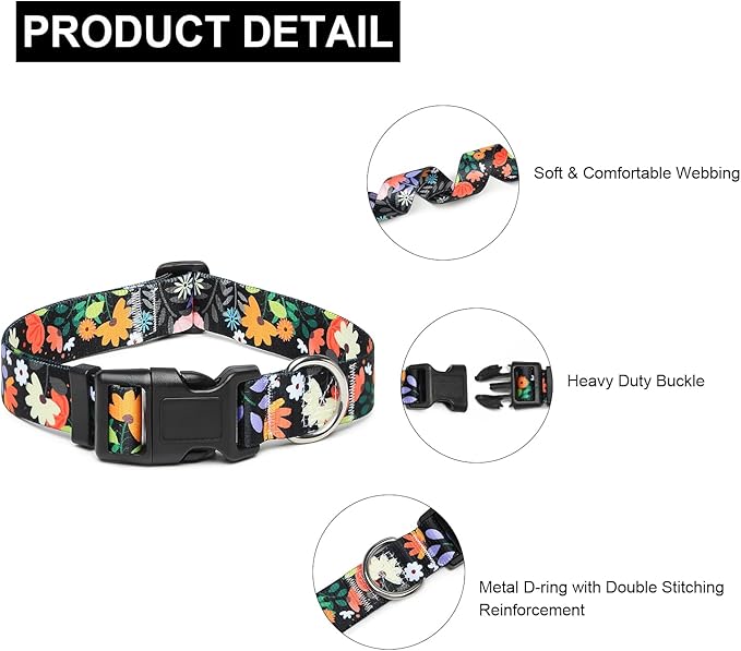 Mercano Adjustable Dog Collar - Special Design Patterns, Soft Nylon Comfortable Durable Pet Collar for Small Medium Large Dogs (L, Floral Orange)