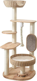 Wooden Cat Tree for Large Cat, 49.6-Inch Tall Cat Tower with Scratching Post for Indoor Cats, Multi-Level Cat Condo with Hand-Woven Cat Bed and Scratching Board Easy to Clean