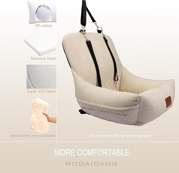 Dog Car Seat for Small Dogs,Ultra-Soft Fabric,2 Storage Pockets & Safety Leash,Adjustable Straps,Easy to Install,Fully Detachable and Washable(Beige)