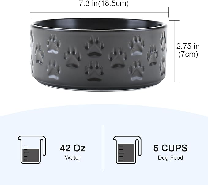 SPUNKYJUNKY Ceramic Dog Bowls 2 Pack, 7.3'' Dog Food Water Double Feeding Bowls Non-Slip for Medium to Large Sized Breed Microwave Dishwasher Safe - 42 OZ, 2pcs, Paw Black