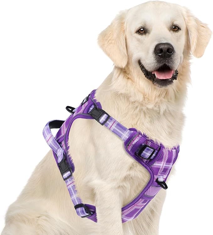 PUPTECK No Pull Dog Harness for Large, Adjustable Reflective Dog Harness with Handle Easy Control, Comfortable Soft Padded Pet Vest Harness for Large Dogs, Plaid Purple XL