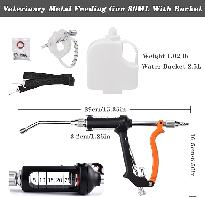 30ML Veterinary Metal Feeding Gun, Continuous Drench Gun Dosing Device Veterinary Adjustable Medicine Dispenser Husbandry Autonomous Feeding Tool, Pig Cattle, Sheep, Horse for Drench Gun