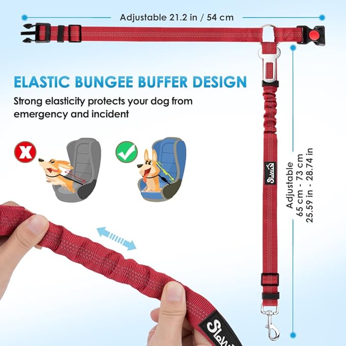 SlowTon Dog Seat Belt for Car, 2 Pack Dog Car Harness Seatbelt Adjustable with Elastic Bungee Buffer, 2 in 1 Pet Car Leash Headrest Restraint Dog Reflective Safety Tether (Red, Headrest+Clip)