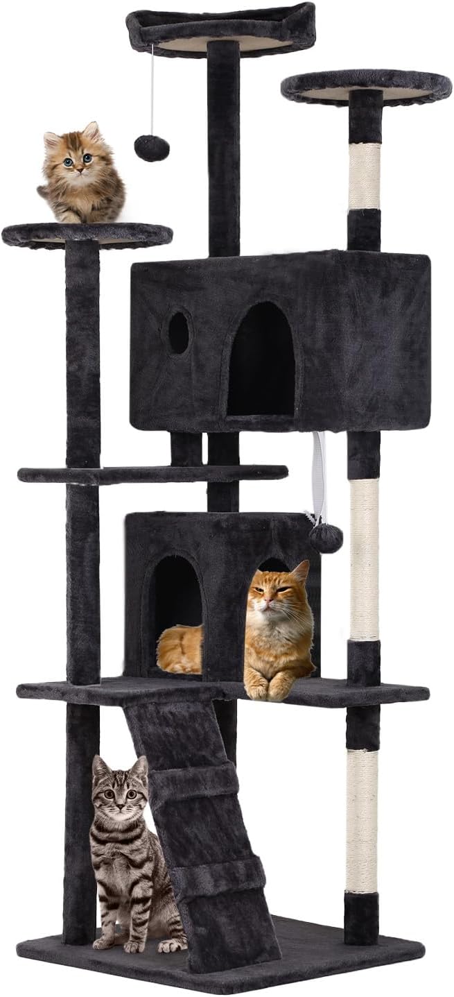 FDW Cat Tree 70in Cat Tower Multi-Level Durable Cat Scratching Post & Cozy Fun Cat Jumping Platform Space Saving Cat Condo Pet Play House for Indoor Cats,Dark Gray