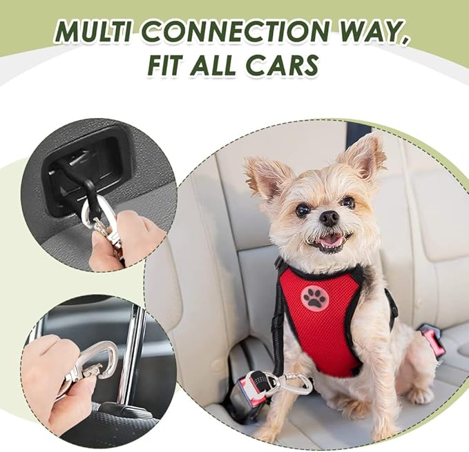 SlowTon Dog Seat Belt Harness for Car, Dog Car Harness Adjustable Mesh Breathable & Dog Seatbelt Safety Tether with Elastic Bungee for Small Medium Large Pets(Red, Double Clip, S)