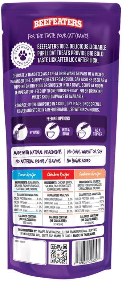 Beefeaters Cat Treats Lickable Puree 1.59oz (12-Pack) – Chicken, Grain-Free, Taurine-Enriched, Ideal for Training & Interactive Feeding