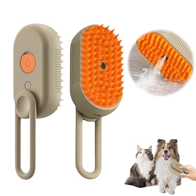 3-In-1 Rechargeable Steamy Cat Brush, Deep Cleaning & Hair Removal System with Rotating Handle, 360° Massage for Cats & Dogs (Cream)