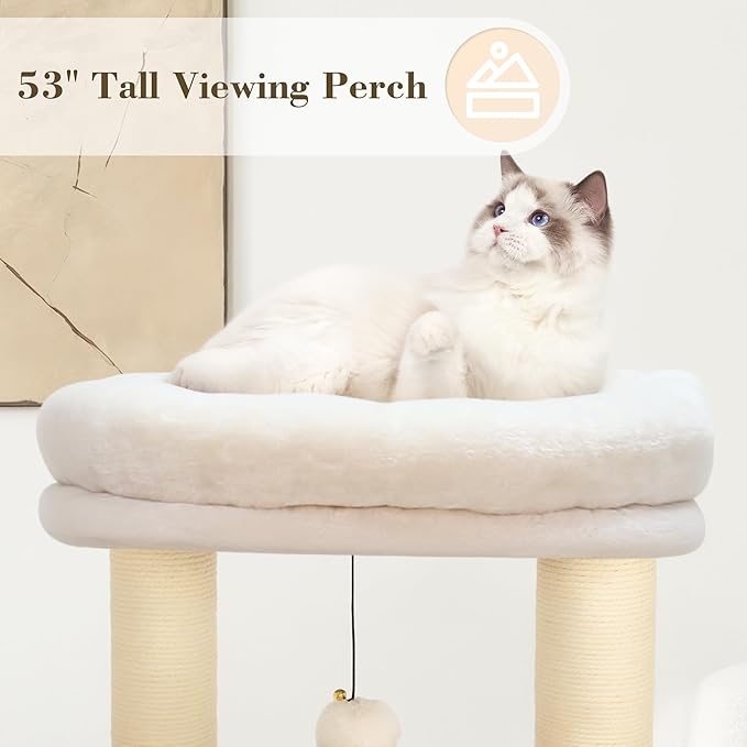 KAMABOKO Modern Cat Tree, 53" Tall Cat Trees for Indoor Cats, Cat Condo Natural Sisal with Scratching Posts, Hand-Woven Tower & Top Perch, Cat-Tree for Kittens Climb Play & Rest