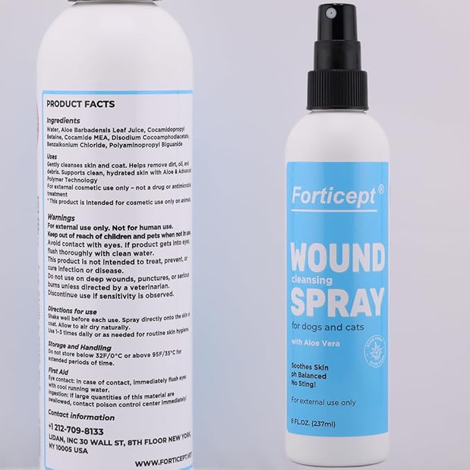 Forticept Hot Spot Spray for Dogs Cats & Horses, Itch Relief Wound Cleanser with Aloe Vera, 8 oz