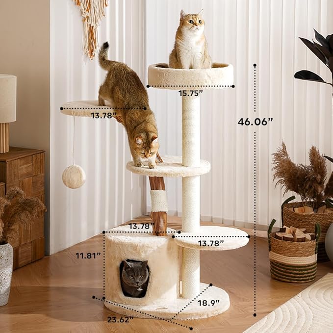 Unique Cat Tree for Indoor Cats,46‘’ Luxury Multifunctional Cat Tower with Natural Wood Scratching Post,Fur Cat Hammock and Viewing Platform,Funny Toy,Comfortable Cat Condo with Stable Cat Base