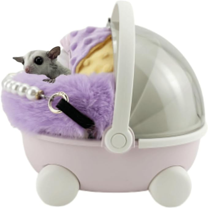Sugar Glider Carrier Cage with Warm Nest, Cushion, Mat and Safe Lock, Portable Cages with Chain, Small Animals Travel Carrier Plastic Breathable Outgoing Box for Hamsters (Purple)
