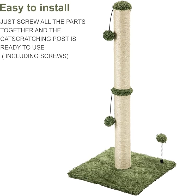 MECOOL 34“ Tall Cat Scratching Post Premium Basics Kitten Scratcher Sisal Scratch Posts Trees with Hanging Ball for Indoor Cats (34 inches for Adult Cats, Cactus Green)