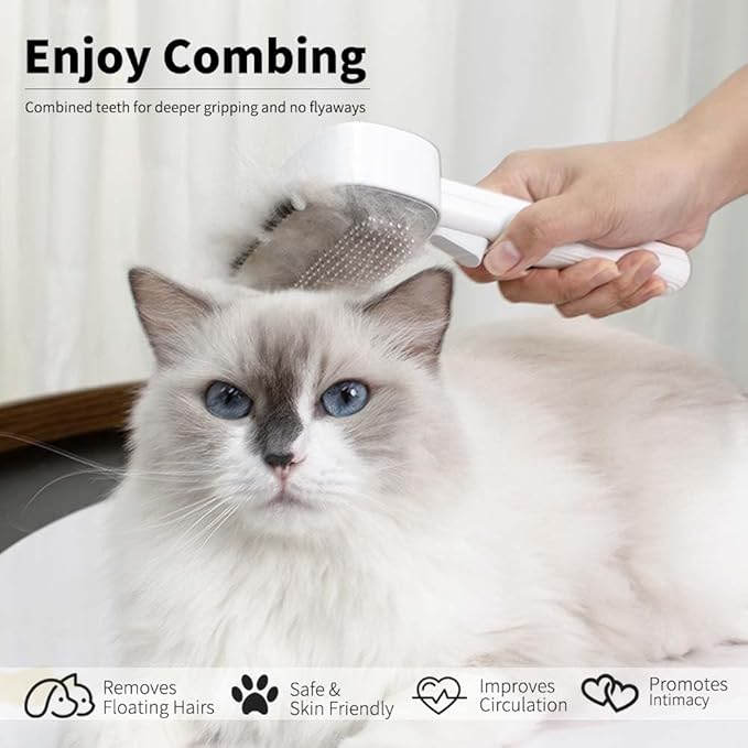 Marchul 2-in-1 Cat Grooming Brush, Cat Brushes with Release Button & Deshedding Dematting Rake, Grooming Comb Tool for for Long or Short Haired Pets, Reduce Shedding, Remove Knots and Massage, White