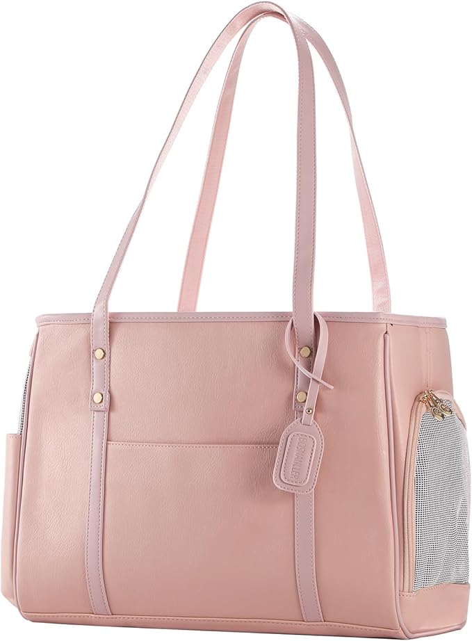Fashion Dog Carrier Purse, Premium Leather Cat Carrier Bag, Airline Approved Soft Sided Pet Travel Tote Bag with Pockets Pink