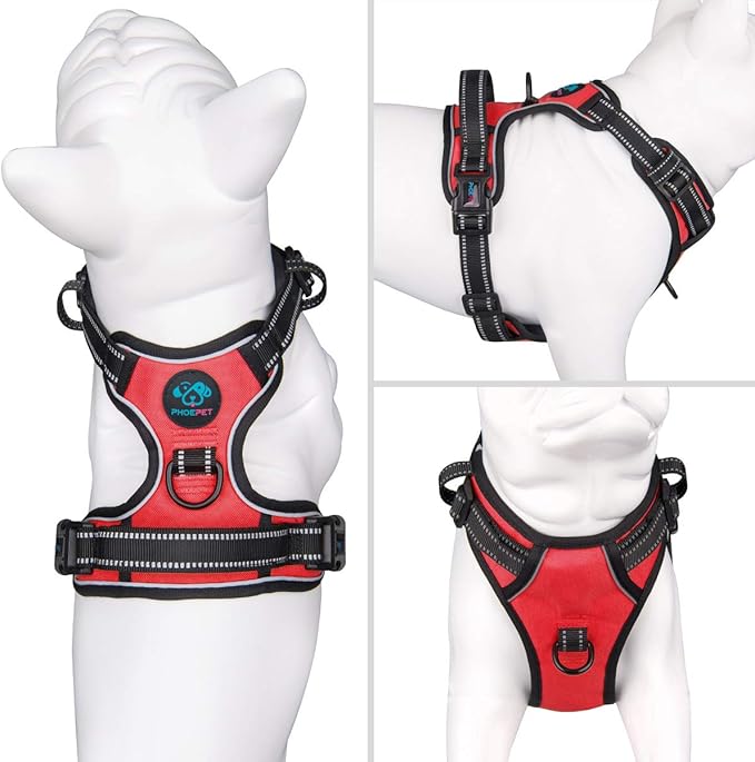 PHOEPET No Pull Dog Harness Medium Reflective Front Clip Puppy Vest with Handle,Adjustable 2 Metal Leash Attachment Hooks(M, Red)
