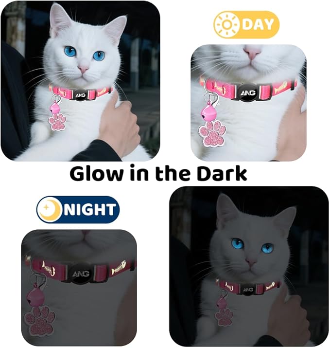 Personalized Breakaway Cat Collars Glow-in-The-Dark with ID Tag, Bell - Safety Quick - Release, Customizable for Female Male Kittens & Cats (Pink)