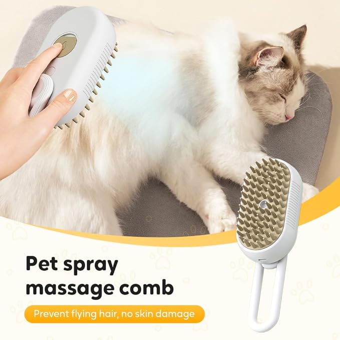 3-In-1 Rechargeable Steamy Cat Brush, Deep Cleaning & Hair Removal System with Rotating Handle, 360° Massage for Cats & Dogs (White)