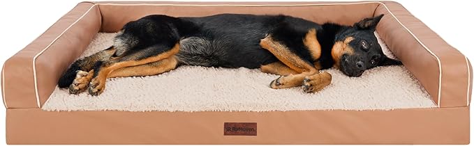 FurHaven Orthopedic Dog Sofa Bed – Memory Foam Couch with Bolsters, Textured Plush & Water-Resistant Cover, Washable Cover, Joint Support - Camel, Jumbo Plus